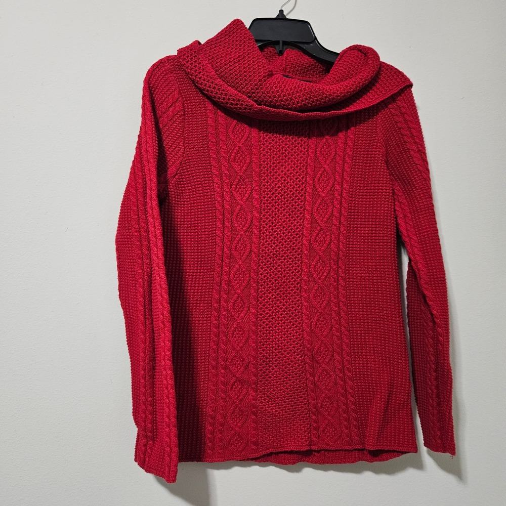 Jeanne Pierre Red Cable Knit Cowl Neck Sweater 100% Cotton Womens Large Pullover